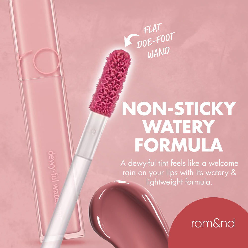 rom&nd DEWY·FUL Water Tint close-up reveals lightweight watery texture for blendable color.
