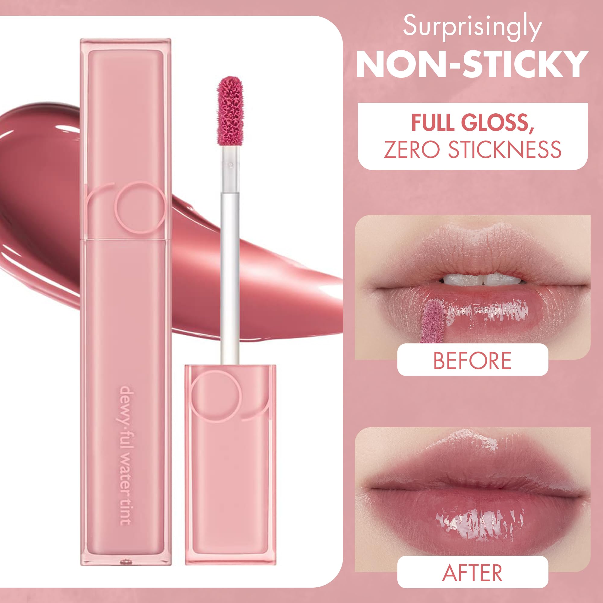 rom&nd DEWY·FUL Water Tint glossy finish enhances hydrated, comfortable lips throughout the day.