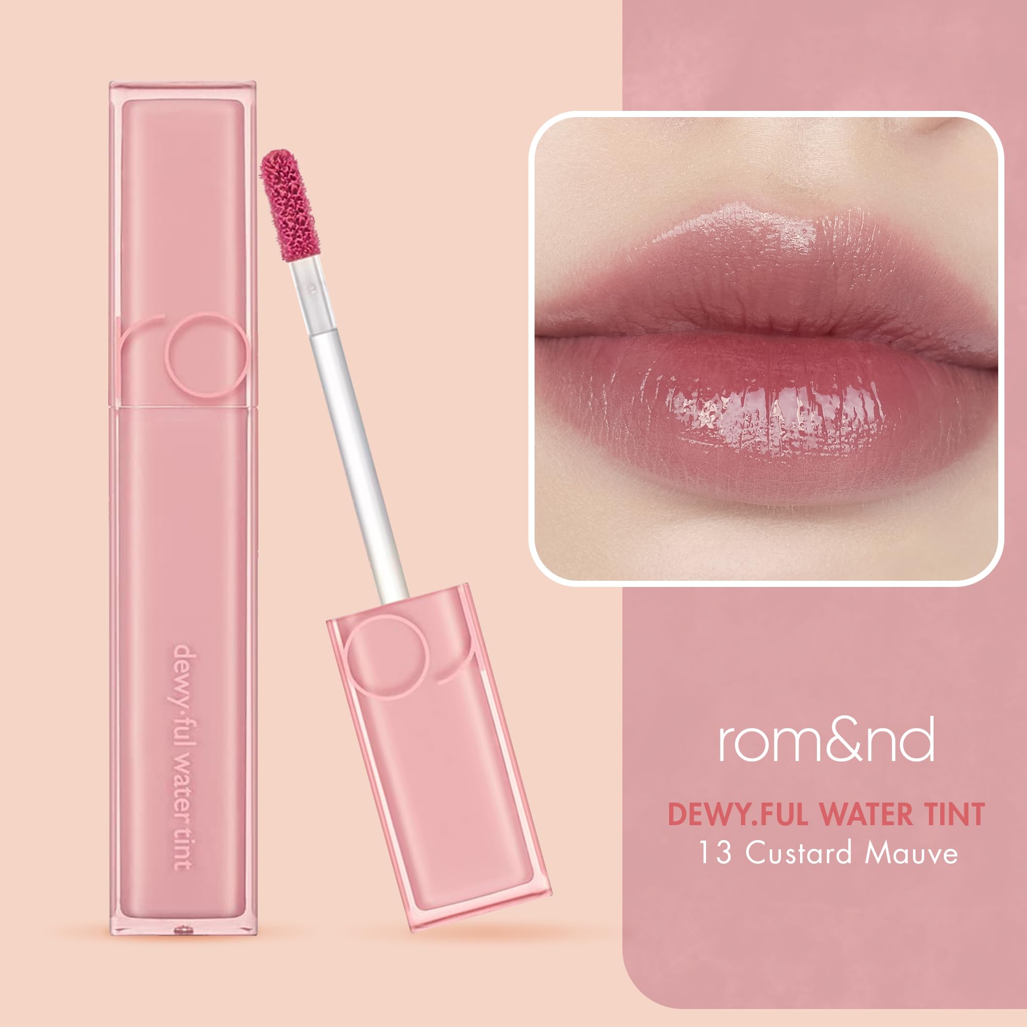 rom&nd DEWY·FUL Water Tint swatch on lips shows dewy finish and sheer layering.