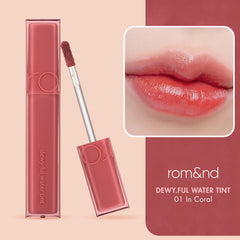 rom&nd dewyful water tint 01 coral application closeup shows non-sticky watery texture.