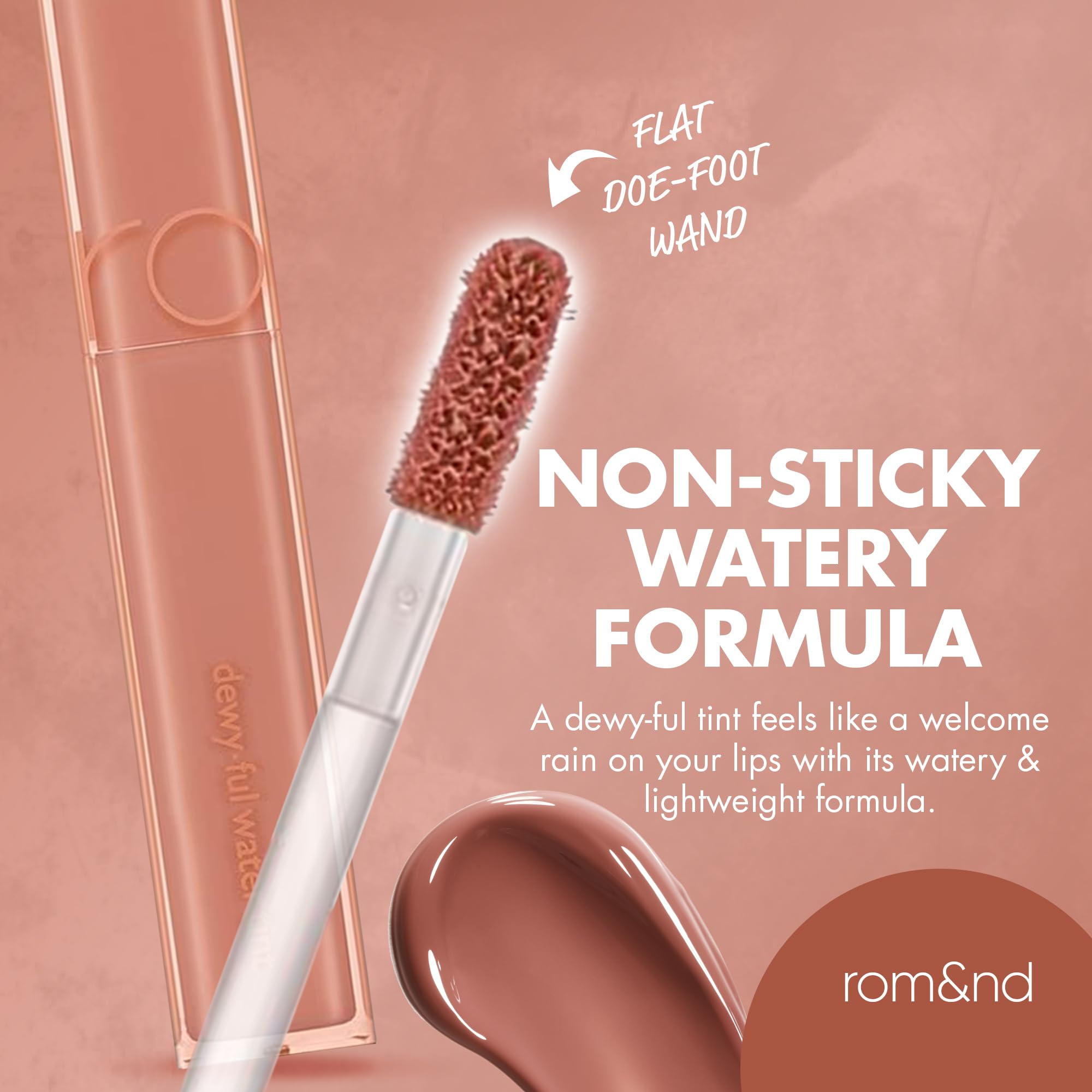 rom&nd DEWY·FUL Water Tint 12 Canyon full-face look showcasing dewy glow lip finish.