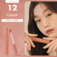 rom&nd DEWY·FUL Water Tint 12 Canyon swatches collection demonstrating vibrant shades.