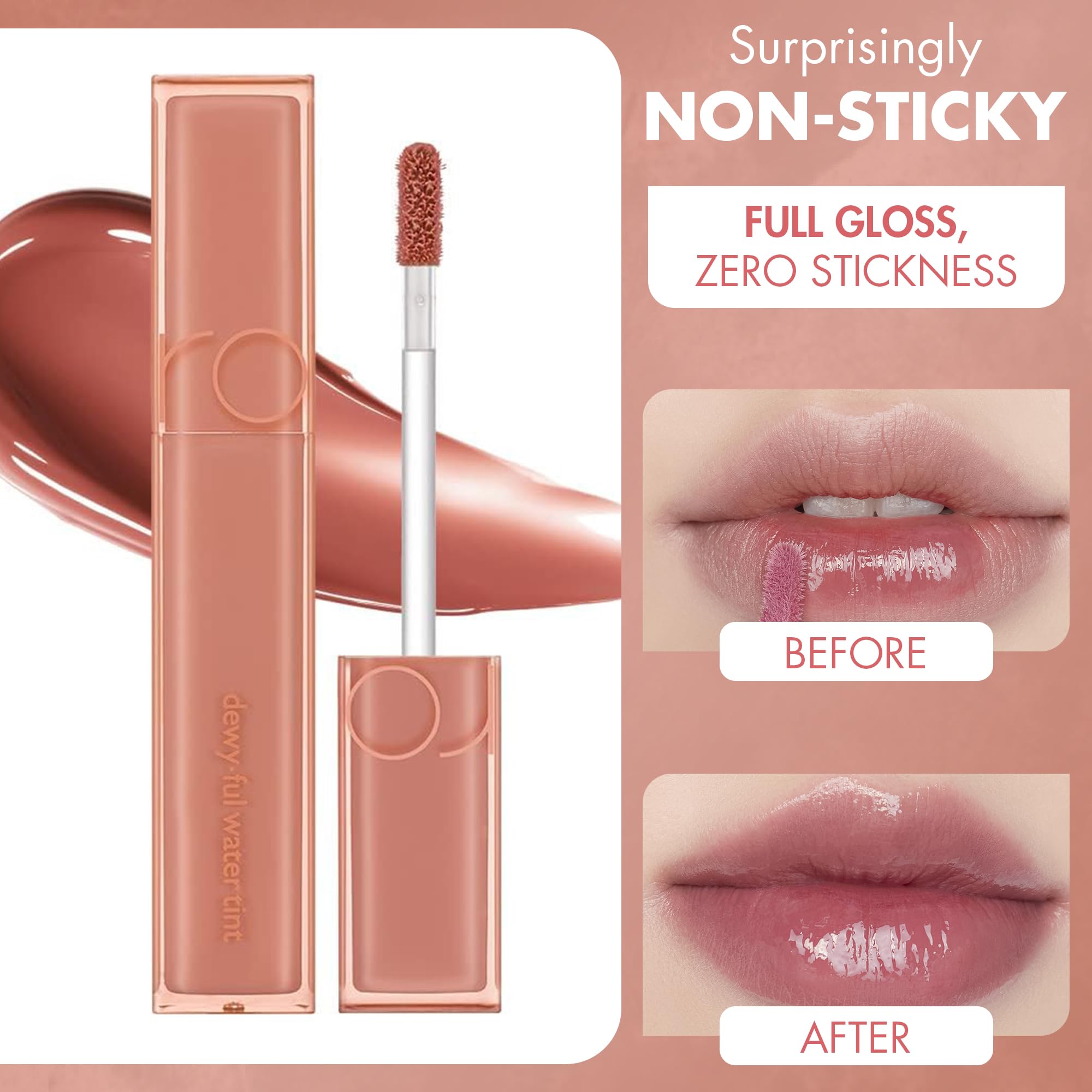 rom&nd DEWY·FUL Water Tint 12 Canyon product shot showing hydrated lips after multiple layers.