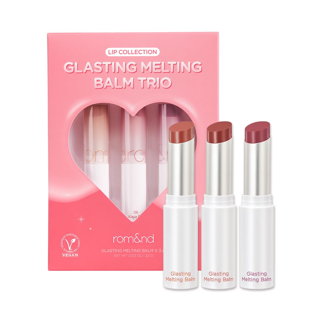 rom&nd Glasting Melting Balm Trio packaging with three shades, ideal for daily hydration and shine.