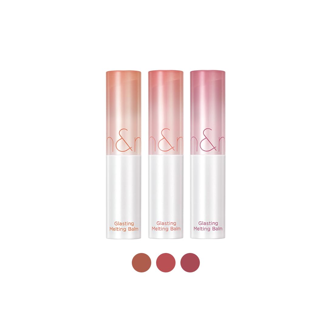 rom&nd Glasting Melting Balm Trio swatches delivering vivid color on lips with a dewy finish.