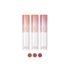 rom&nd Glasting Melting Balm Trio swatches delivering vivid color on lips with a dewy finish.