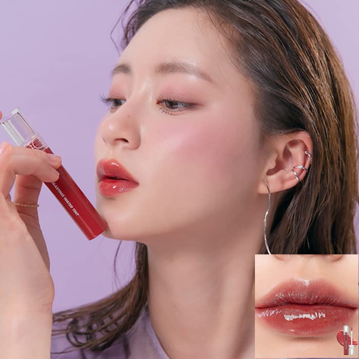 rom&nd Glasting Water Tint Rose Stream application swatch showing vivid, non-sticky gloss