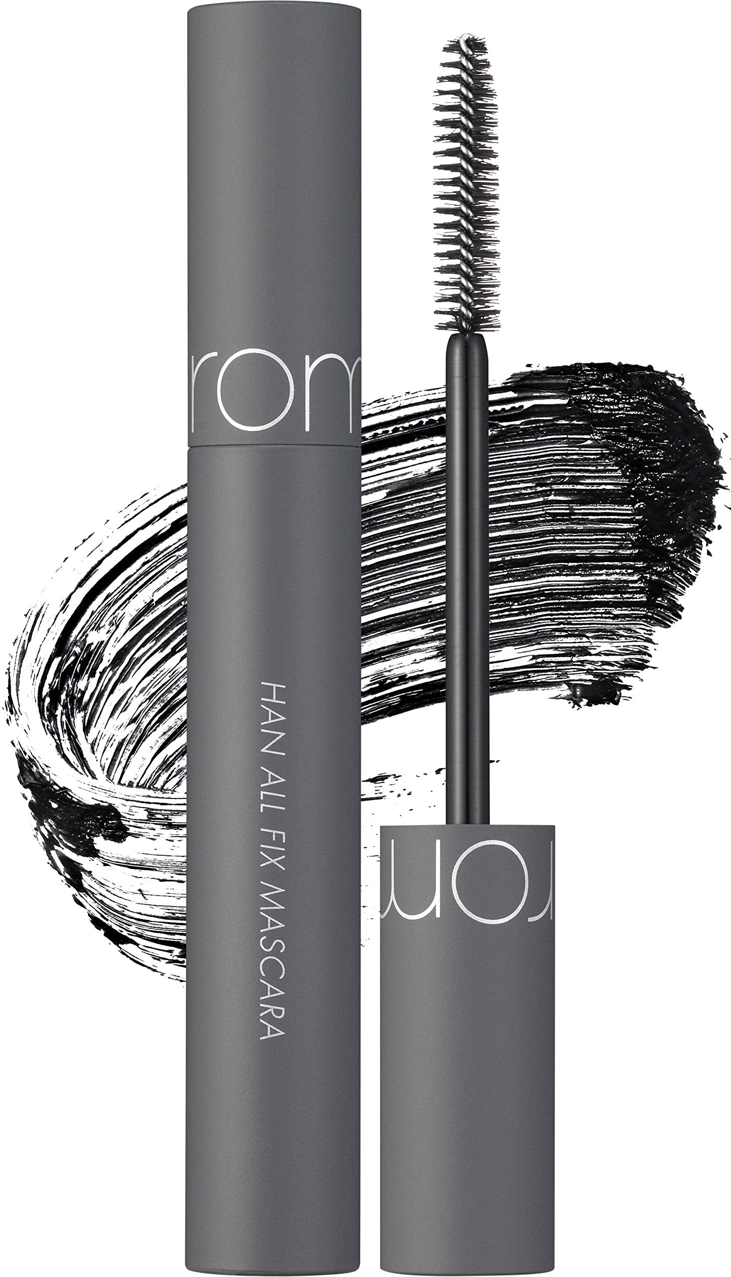 rom&nd HAN ALL FIX MASCARA V01 volume black bottle highlights long-wear waterproof formula for defined lashes.