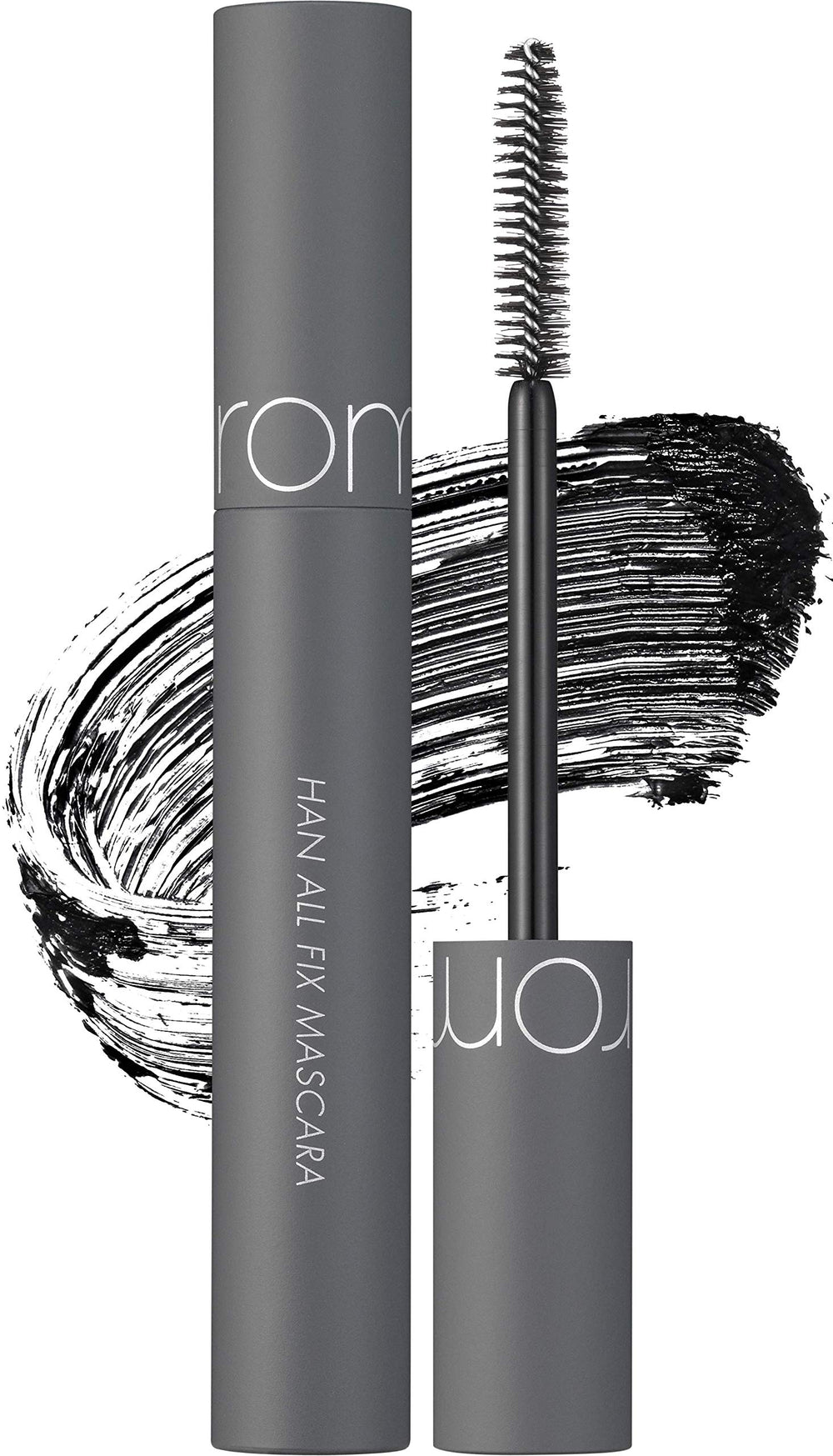 rom&nd HAN ALL FIX MASCARA V01 volume black bottle highlights long-wear waterproof formula for defined lashes.