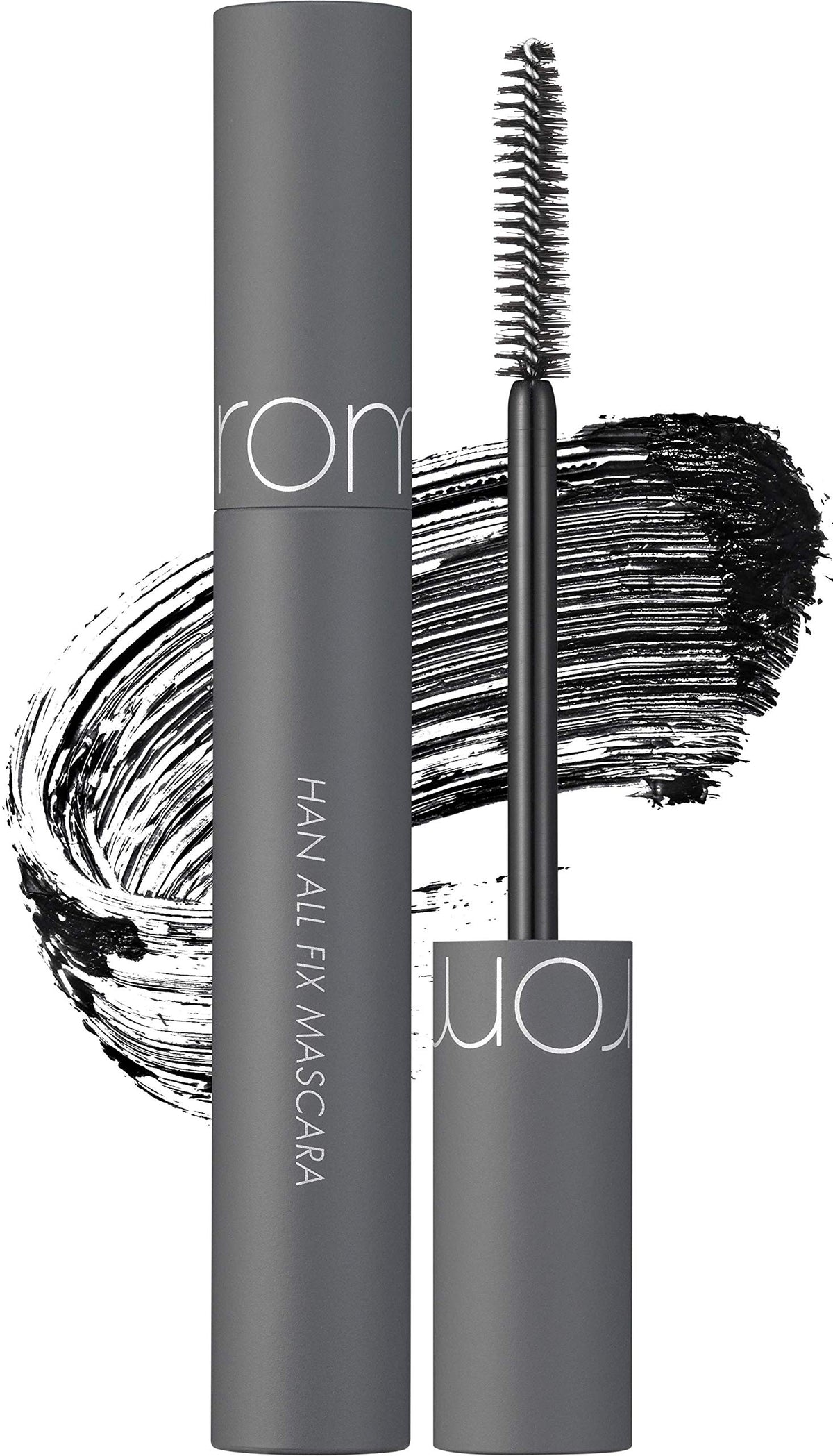 rom&nd HAN ALL FIX MASCARA V01 volume black bottle highlights long-wear waterproof formula for defined lashes.