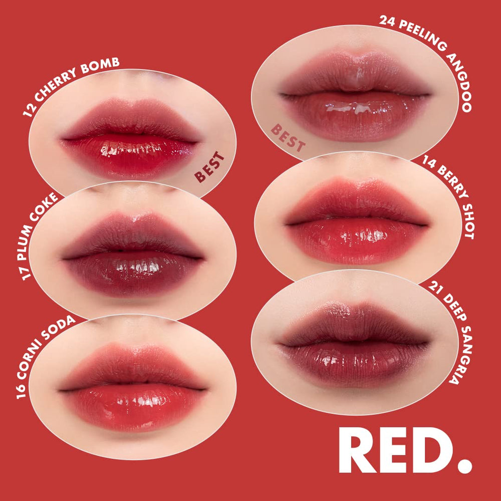 romnd Juicy Lasting Tint 16 Corni Soda on lips with dewy hydration.