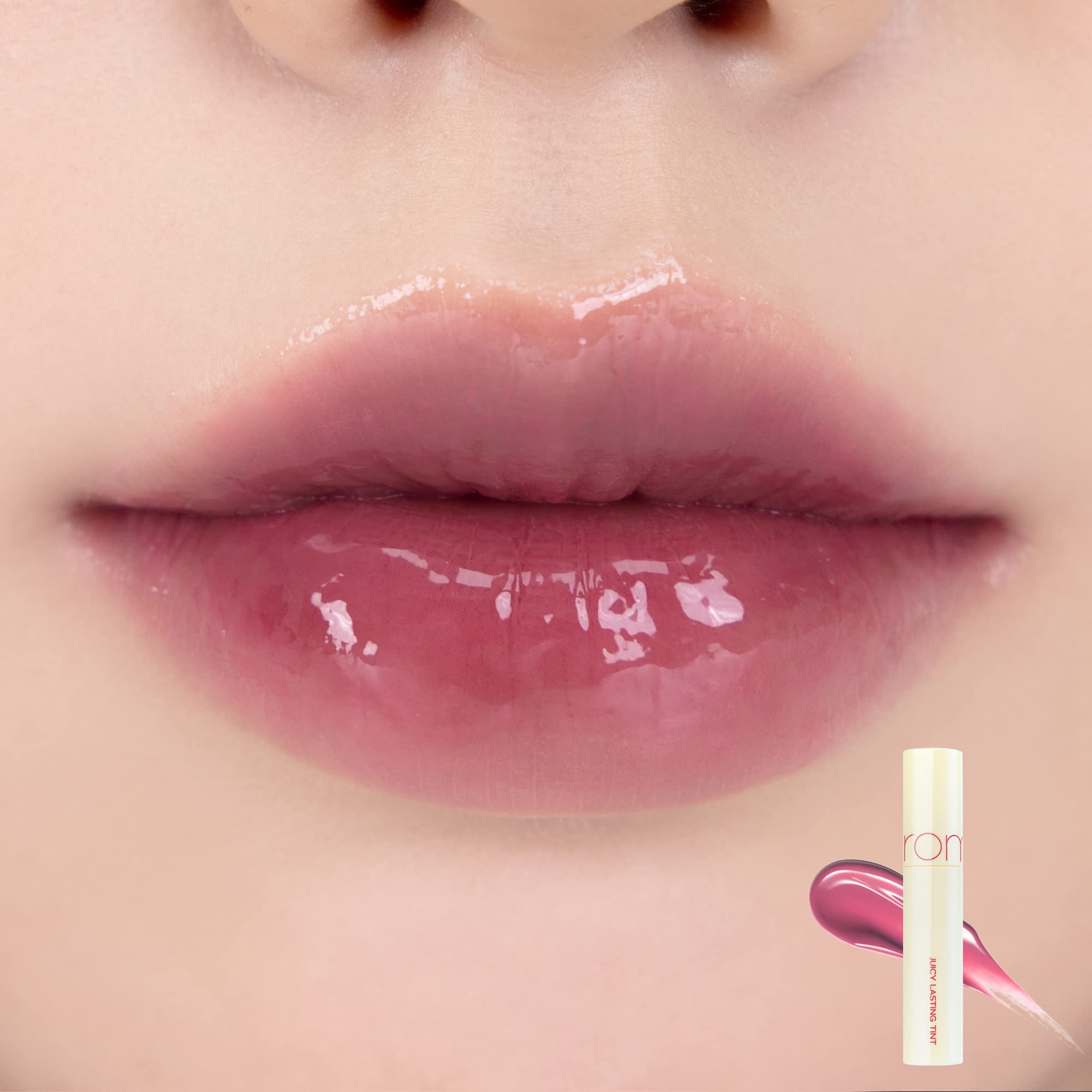 rom&nd Juicy Lasting Tint 28 buildable coverage swatch on lips