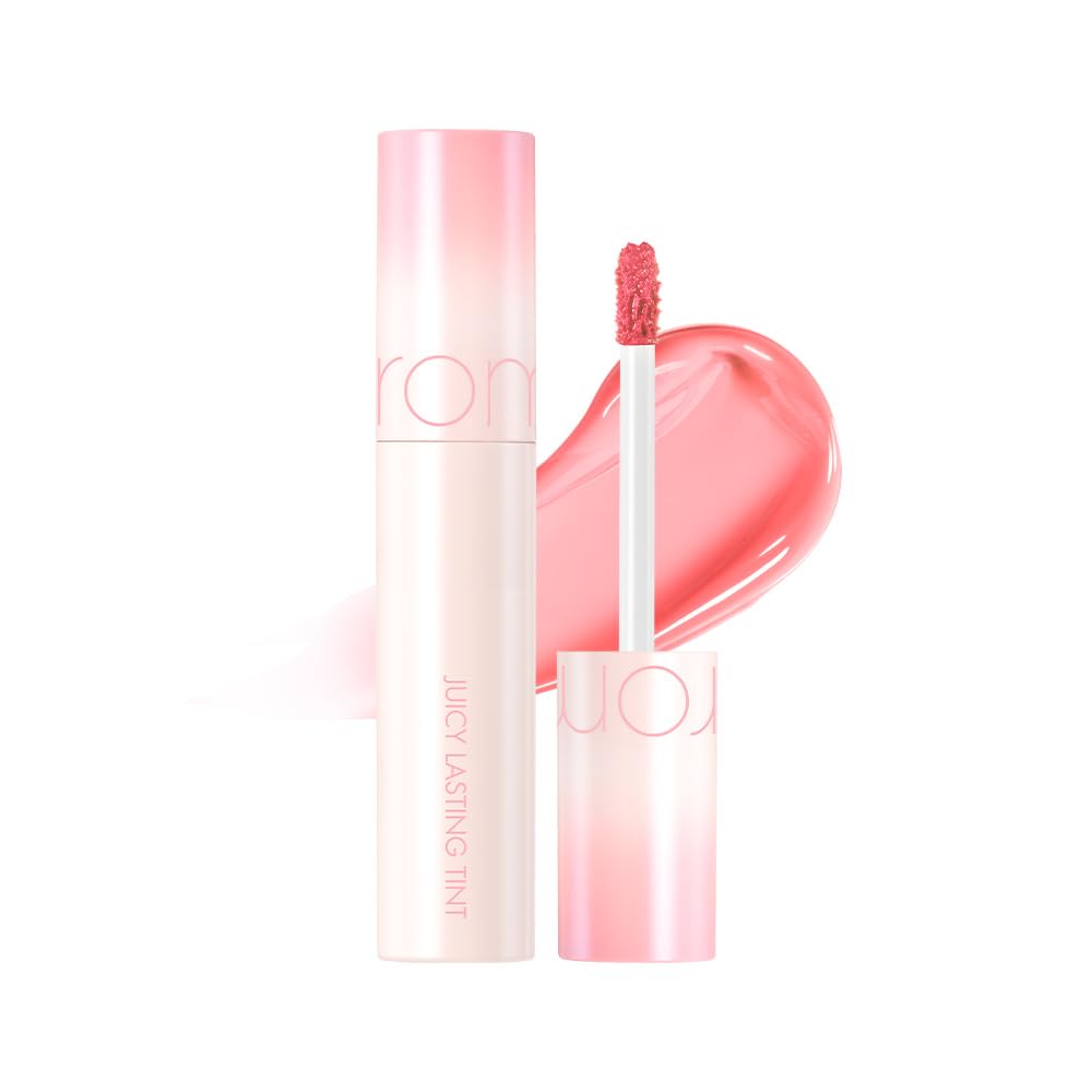 rom&nd Juicy Lasting Tint 31 Bare Apricot bottle closeup shows long-lasting color.