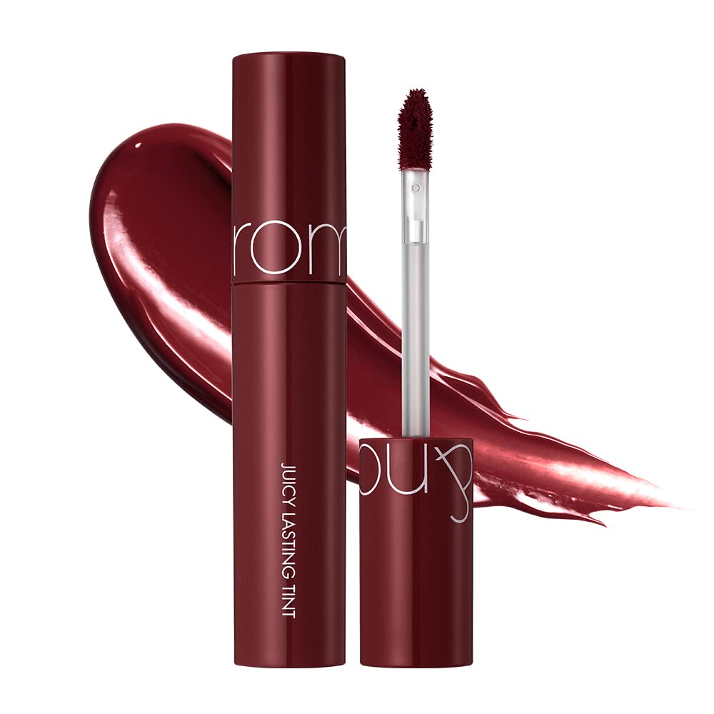 rom&nd Juicy Lasting Tint Deep Sangria swatch on skin shows versatile day-to-night color.