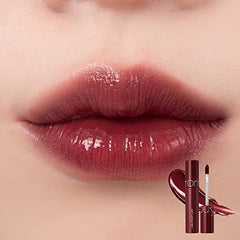 rom&nd Juicy Lasting Tint Deep Sangria gloss bottle demonstrates high-shine, non-sticky wear.