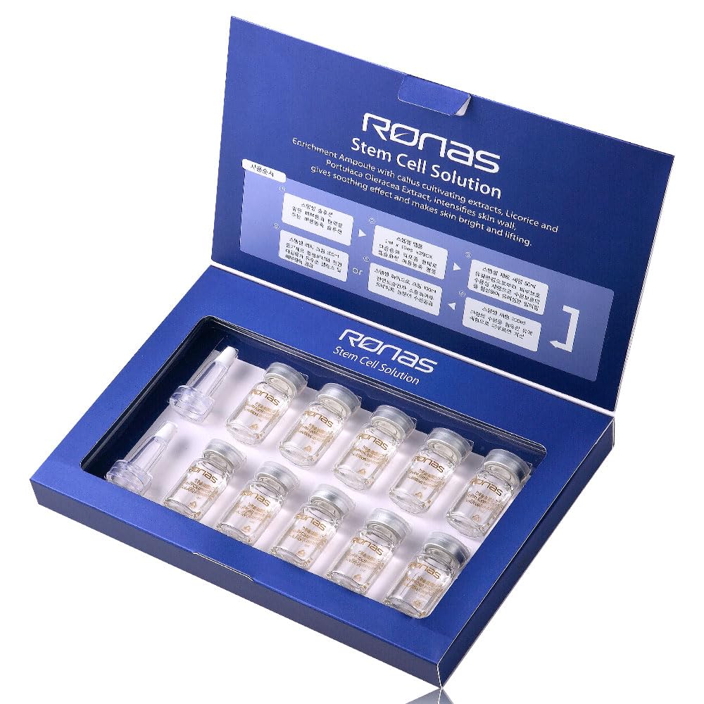 Ronas Stem Cell Solution ampoules 10-vials display emphasizes value for daily routines.