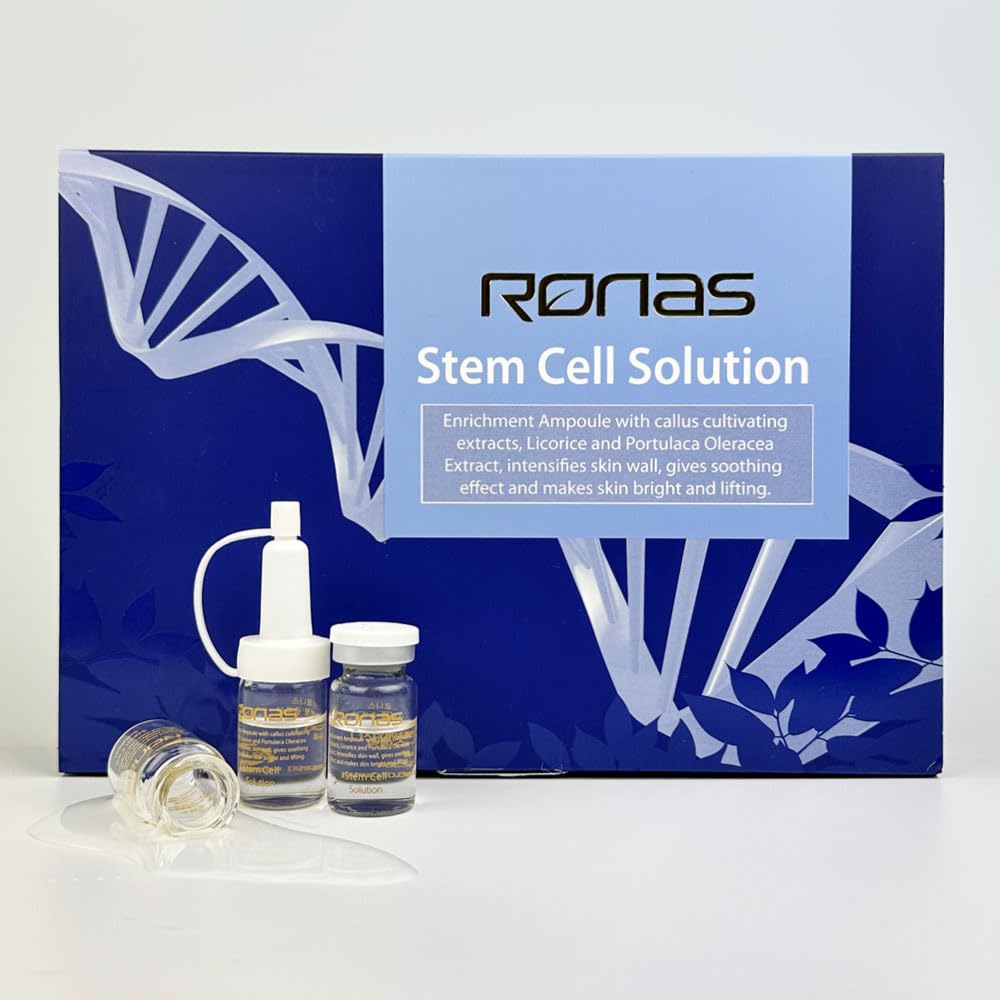 Ronas Stem Cell Solution ampoules all skin types imagery signals universal daily care compatibility.