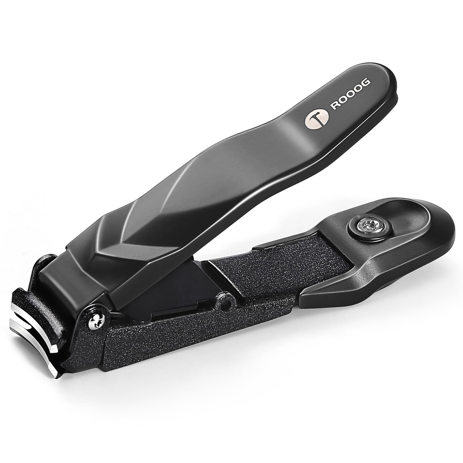 ROOOG No Mess Nail Clippers with Catcher closeup—patented catcher for clean, splash-free trims.