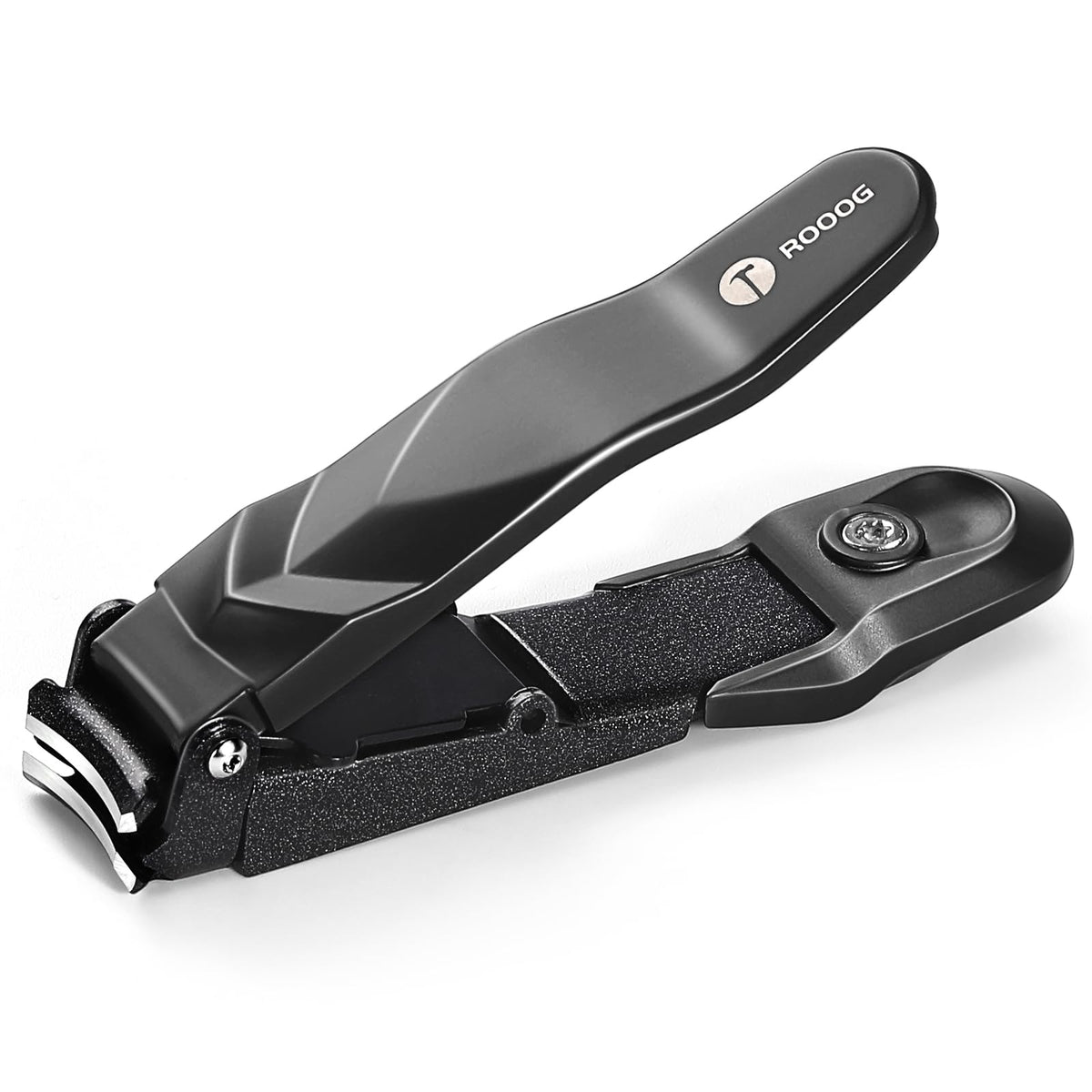 ROOOG No Mess Nail Clippers with Catcher closeup—patented catcher for clean, splash-free trims.