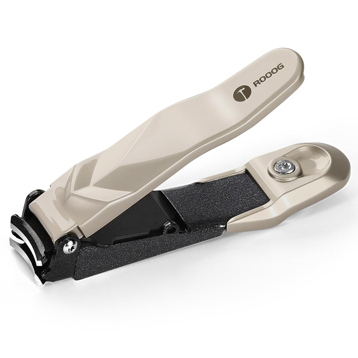 ROOOG No Mess Nail Clippers with Catcher front view shows mess-free trimming