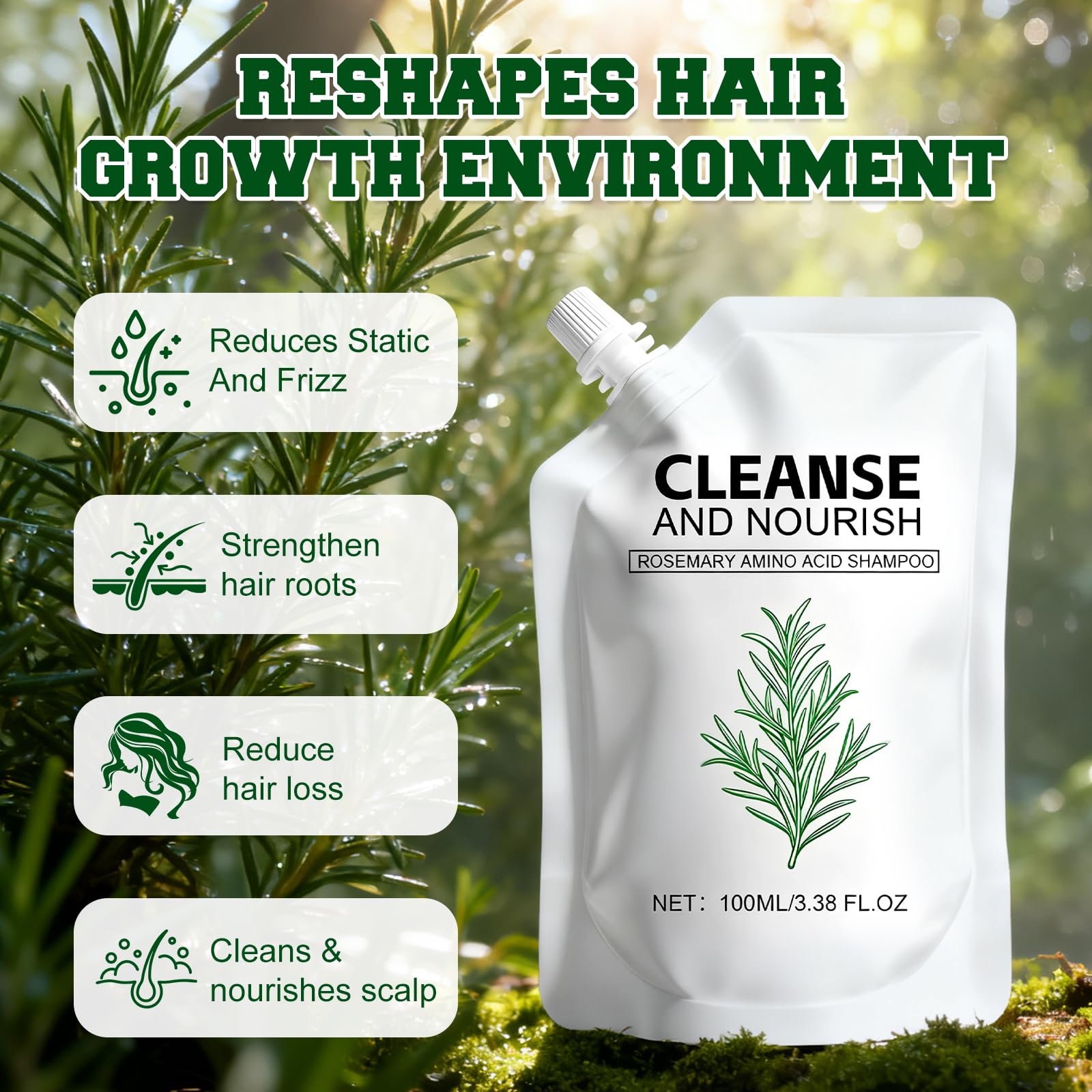rooroopet rosemary amino acid shampoo bottle-front highlights hair growth support and clean scent