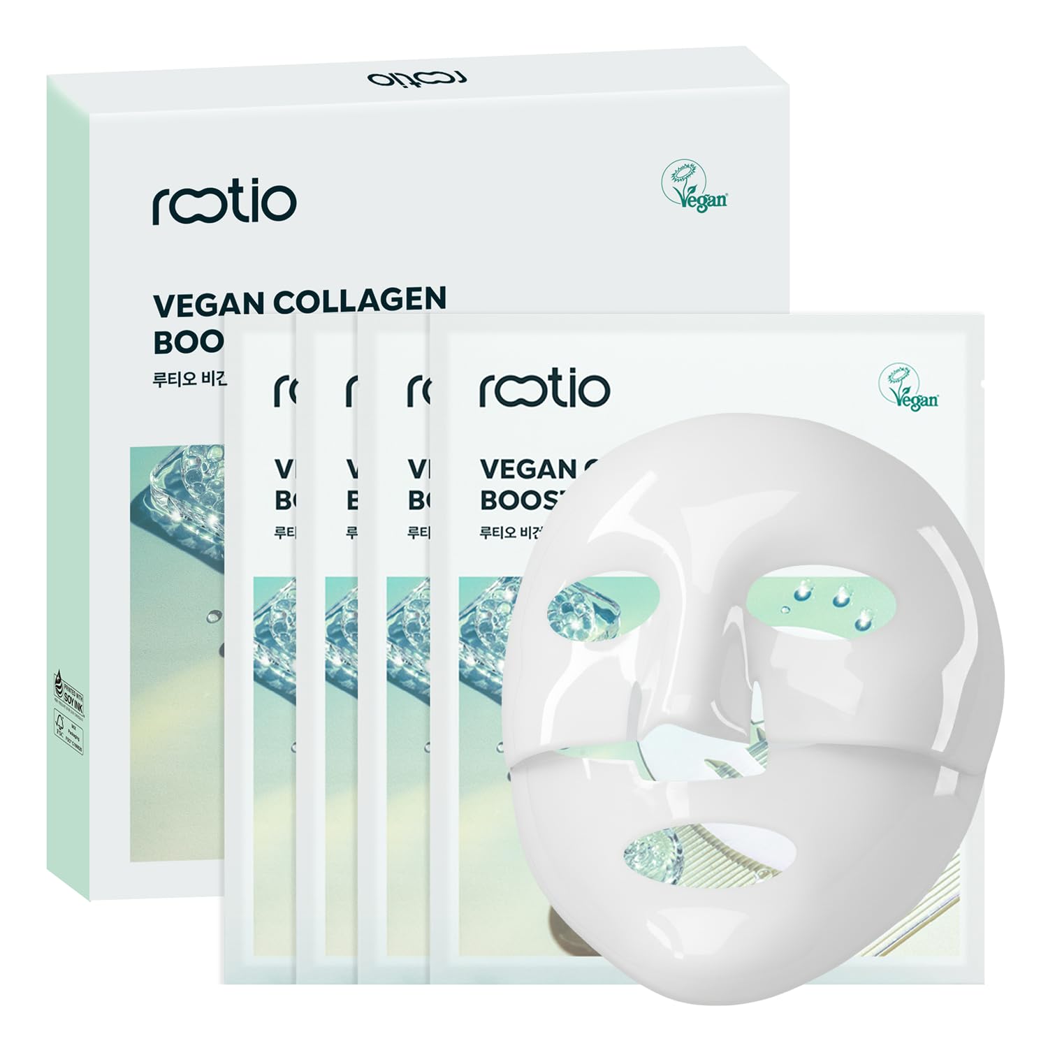 ROOTIO vegan collagen mask packaging shows four-pack for hydration