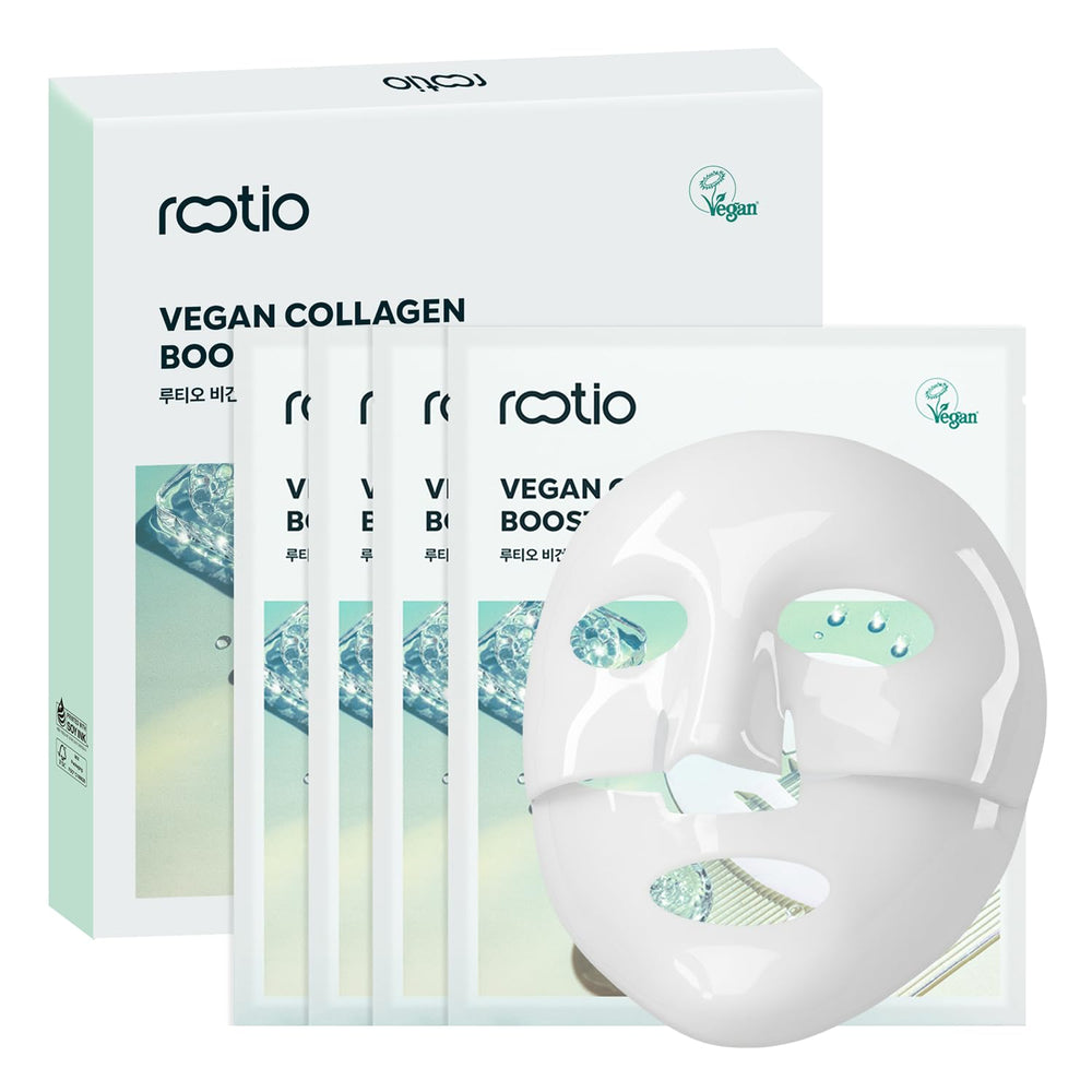 ROOTIO vegan collagen mask packaging shows four-pack for hydration