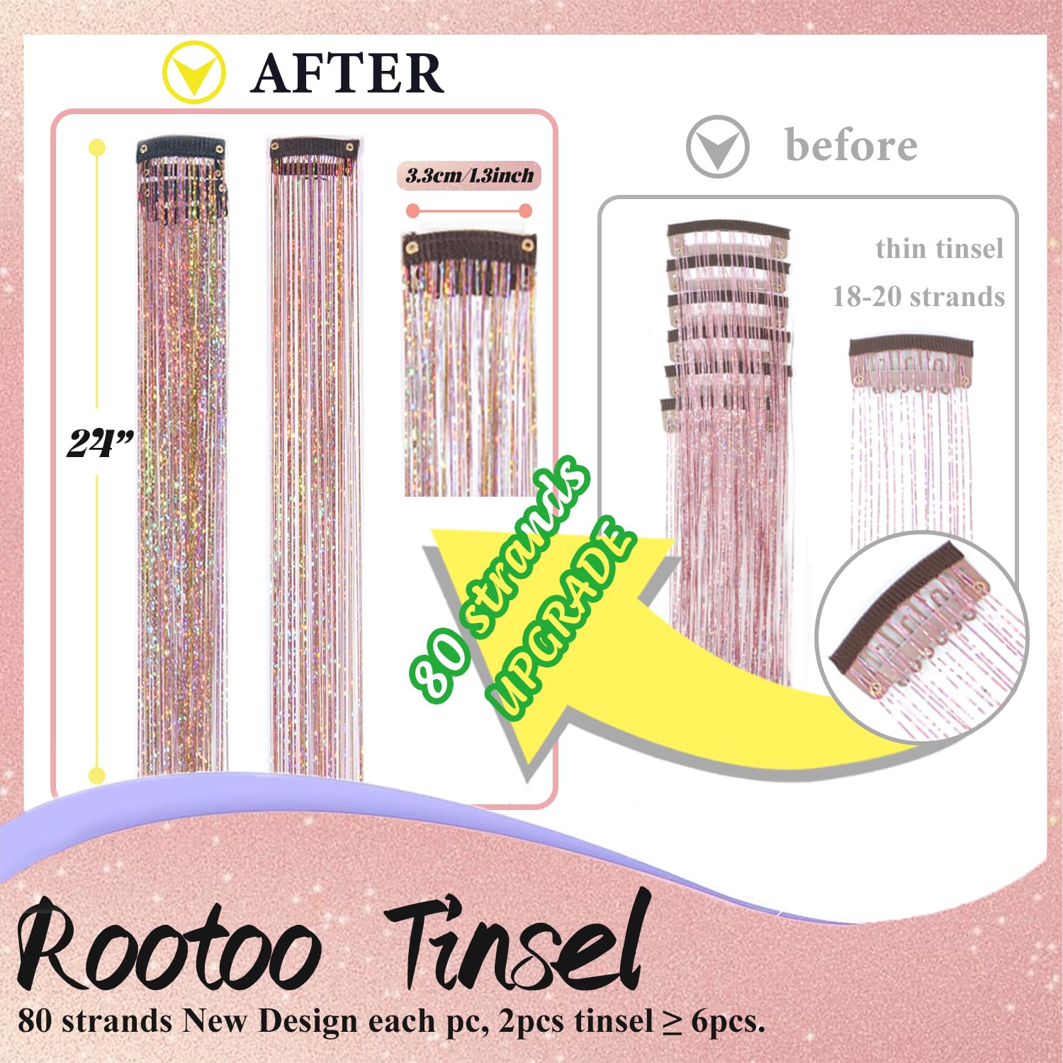 Rootoo hair tinsel 24in length showcase for long-lasting shimmer and versatile styling.
