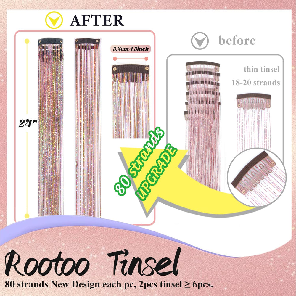 Rootoo hair tinsel 24in length showcase for long-lasting shimmer and versatile styling.
