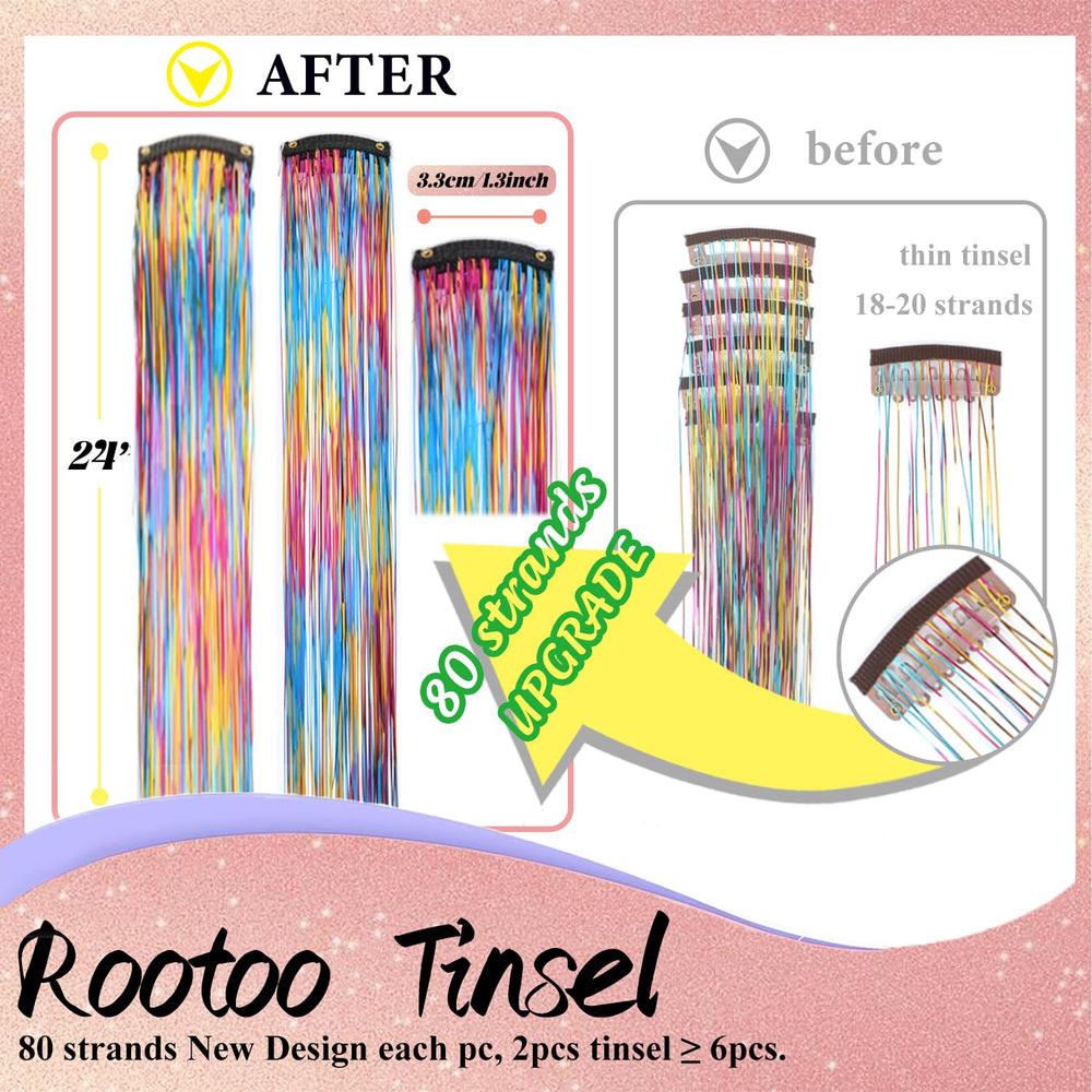 Rootoo hair tinsel 24-inch length offers long shimmer for dramatic styles.