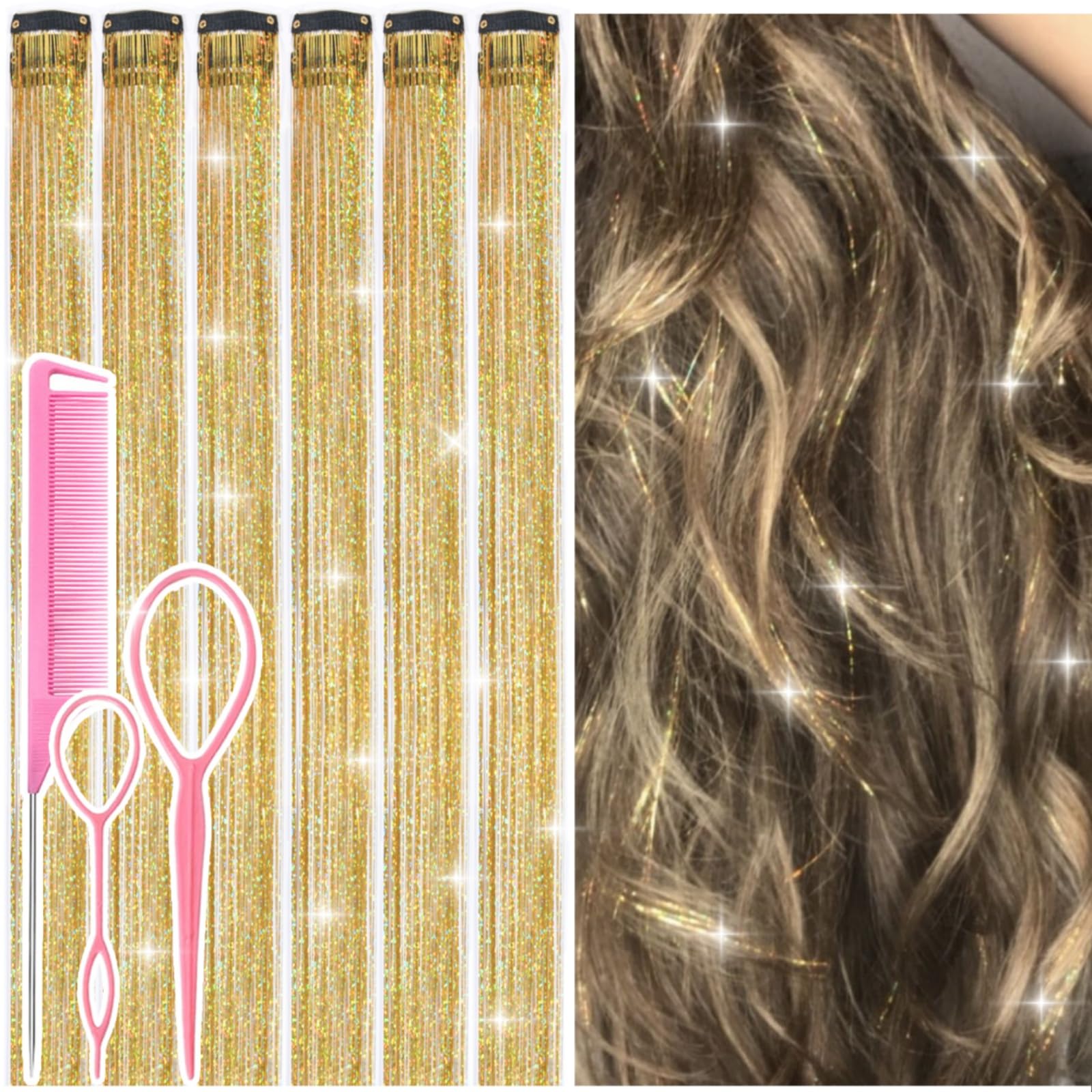 Rootoo hair tinsel clip-in gold fairy 24inch pack adds sparkling festival-ready length.