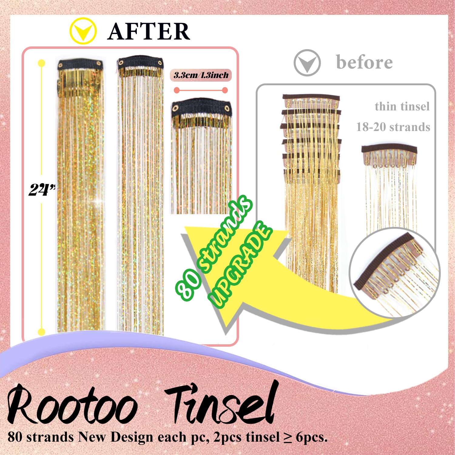 Rootoo hair tinsel clip-in gold fairy closeup highlights shimmering glitter for easy accents.
