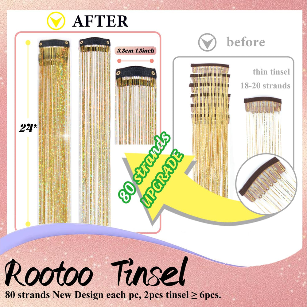 Rootoo hair tinsel clip-in gold fairy closeup highlights shimmering glitter for easy accents.
