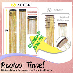 Rootoo hair tinsel clip-in gold fairy closeup highlights shimmering glitter for easy accents.