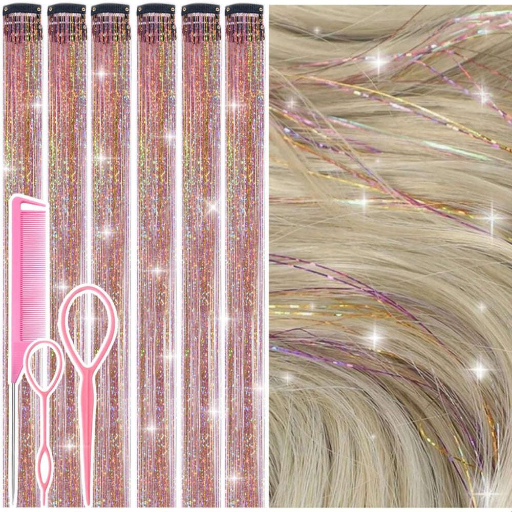 Rootoo hair tinsel clip-in gold-pink kit closeup showing easy-to-use secured clips for quick sparkle.