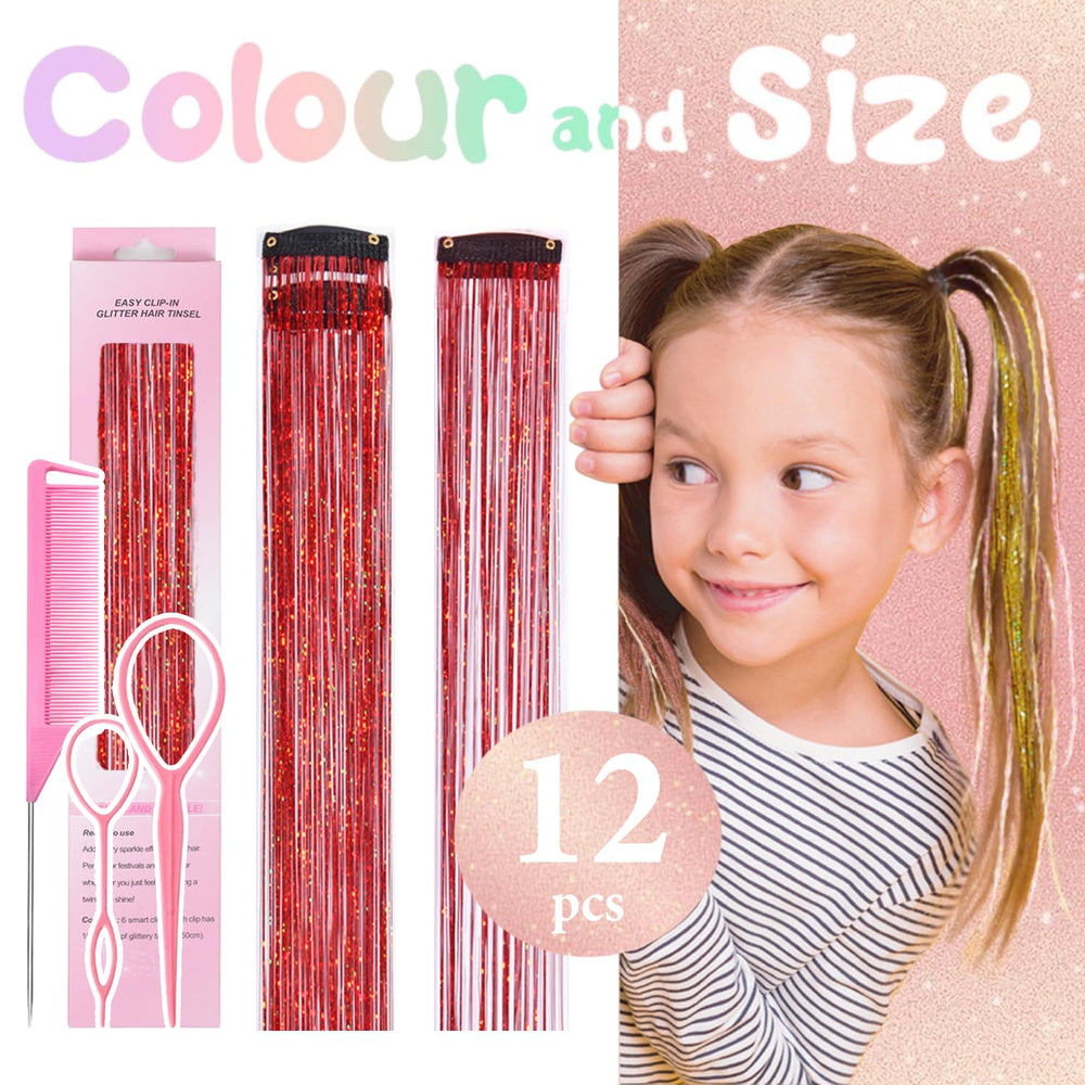Rootoo red clip-in tinsel highlights long hair with holographic sheen.