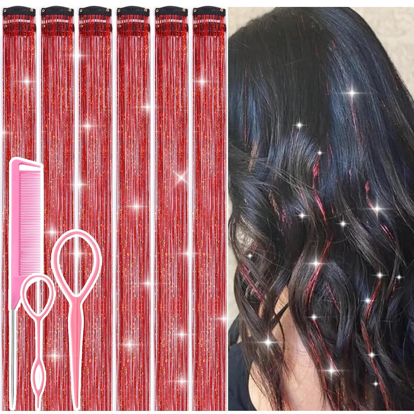 Rootoo Hair Tinsel Clip in Red close-up sparkle for party-ready shine.