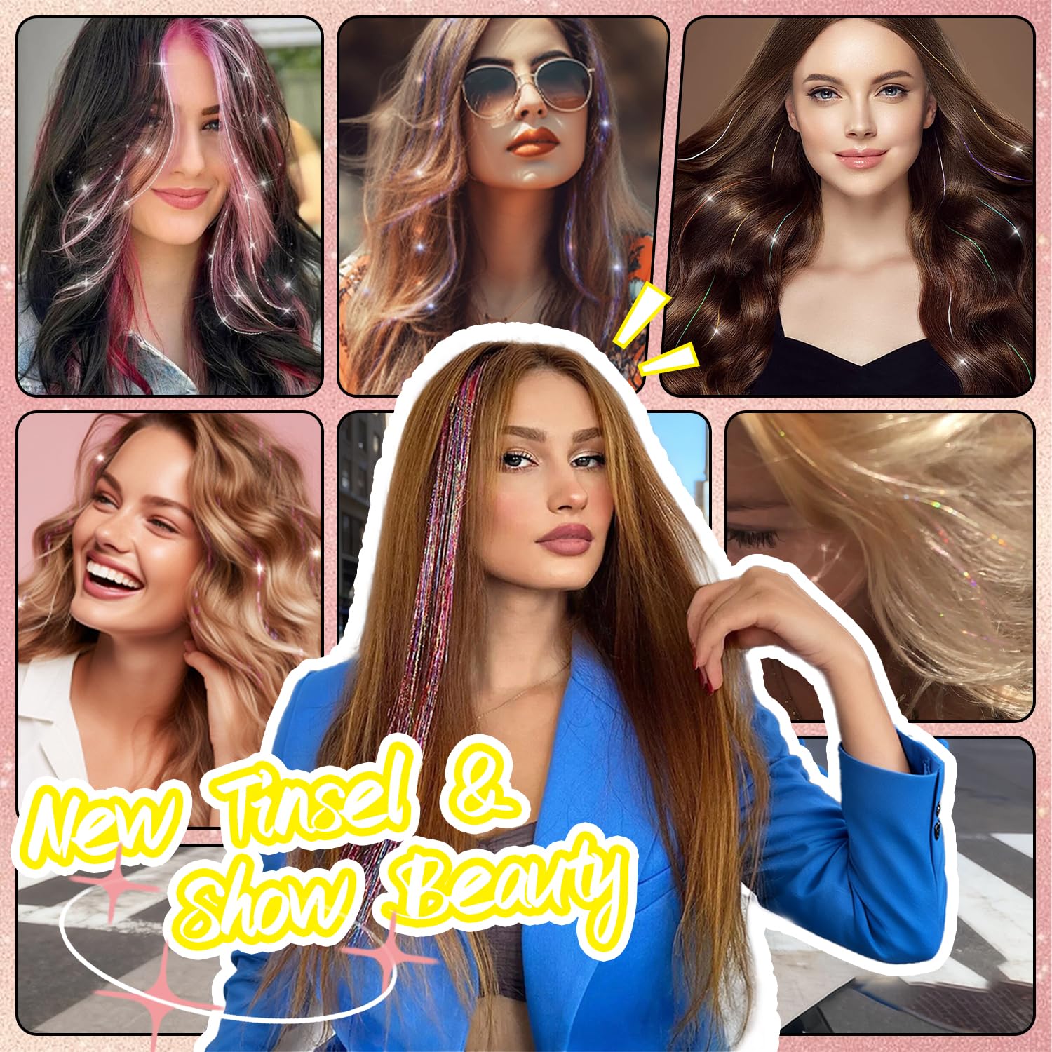 Rootoo Hair Tinsel Coffee Brown 24in worn on model for festive party sparkle