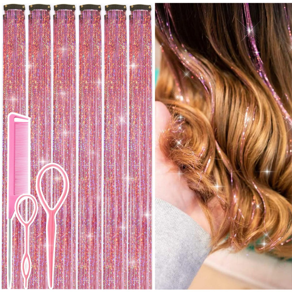 Rootoo hair tinsel kit pink fairy clip-in 24-inch strands for easy, sparkling party looks.