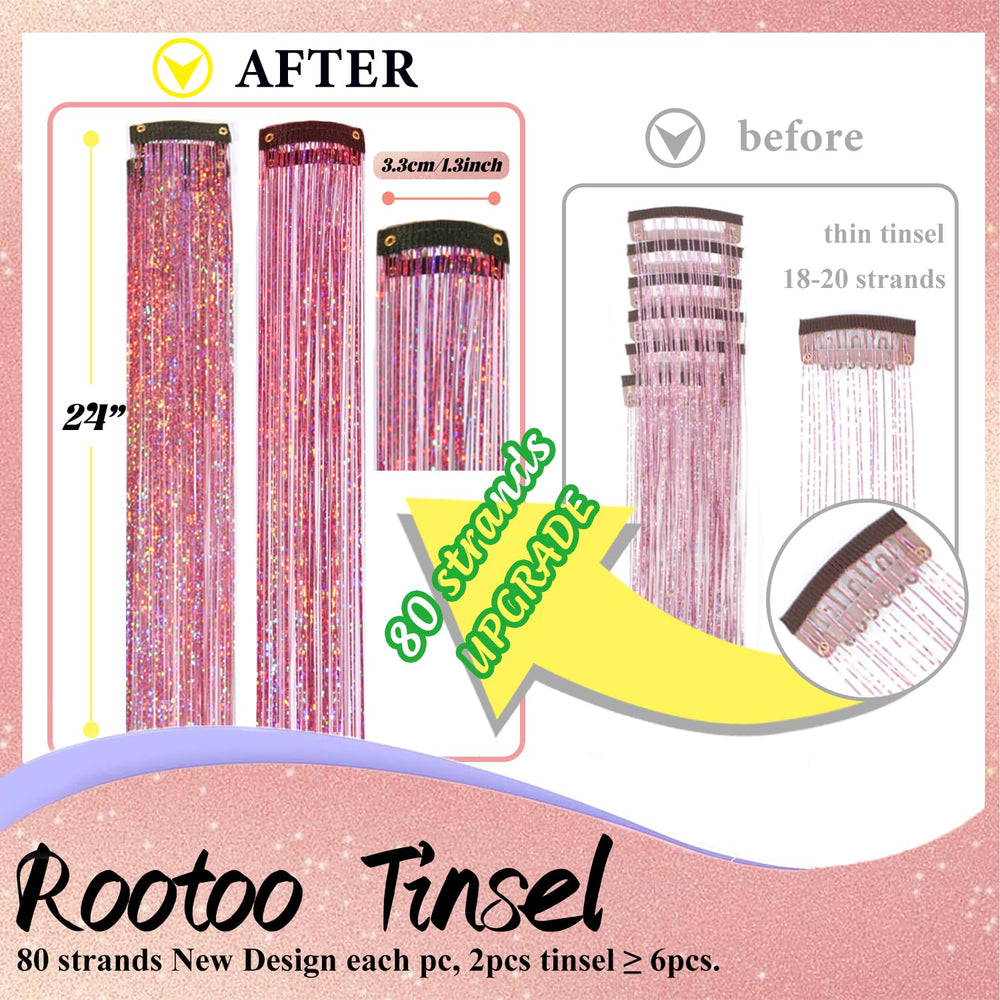 Rootoo pink fairy hair tinsel 24-inch clips add subtle shimmer for daily hairstyles.