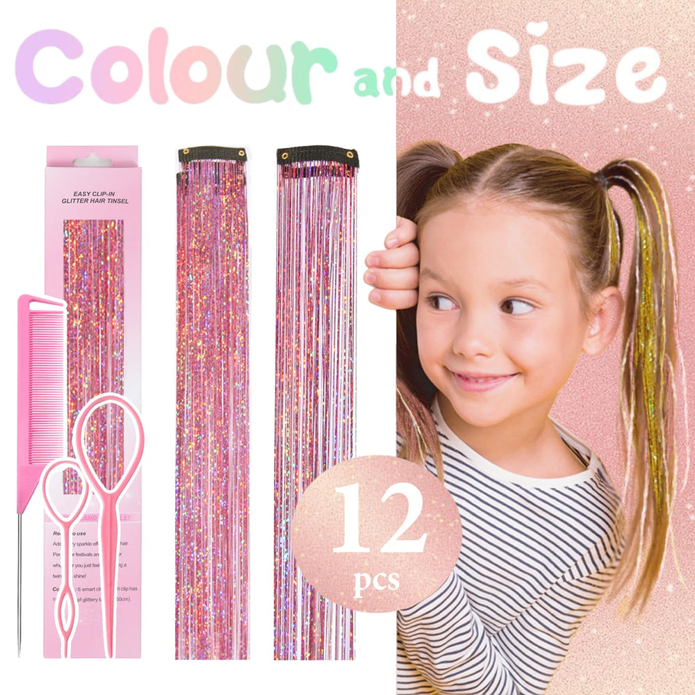 Rootoo 12-piece tinsel kit in pink offers bold festival sparkle with clip-in ease.