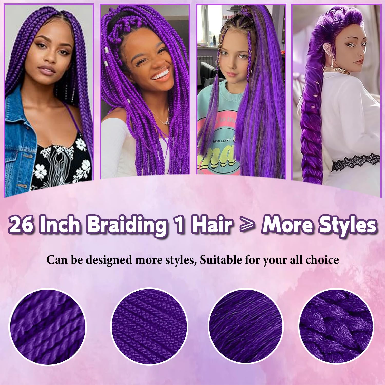 Rootoo purple braiding hair ponytail cosplay-ready look.