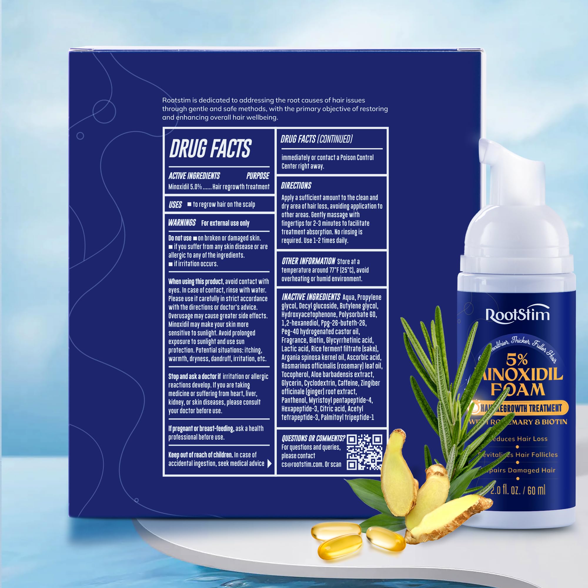 RootStim 5% Minoxidil Foam bottle with clear, informative branding