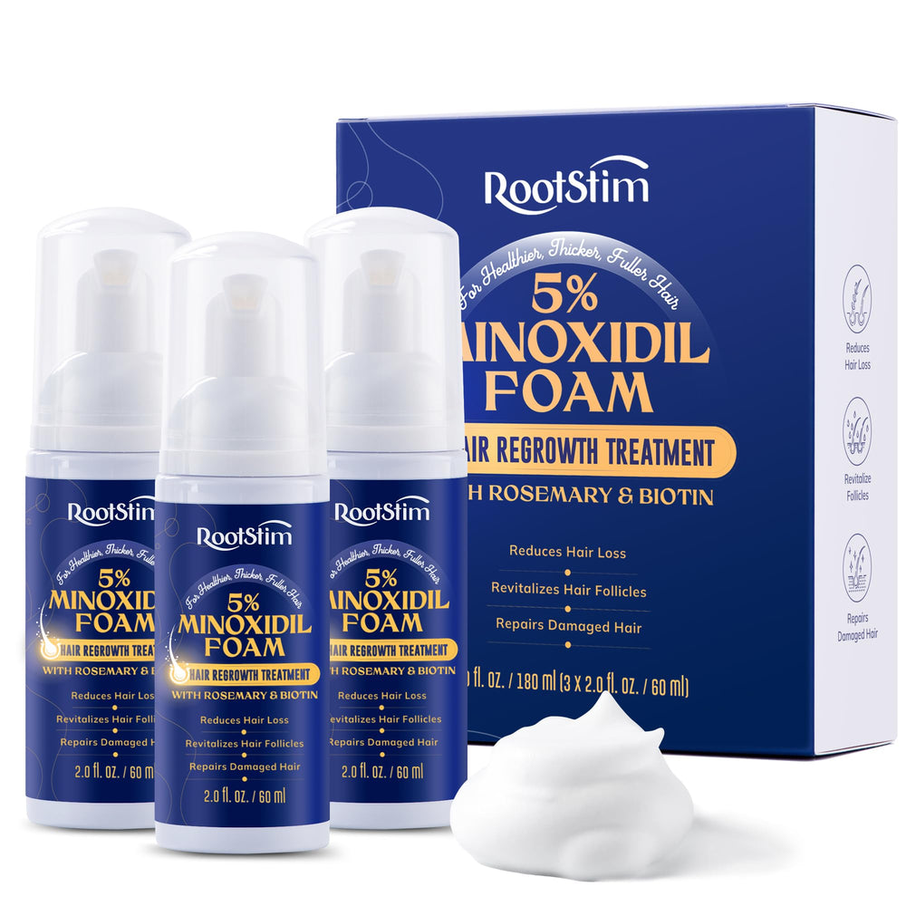 RootStim 5% Minoxidil Foam bottle on bathroom shelf for daily thinning hair use