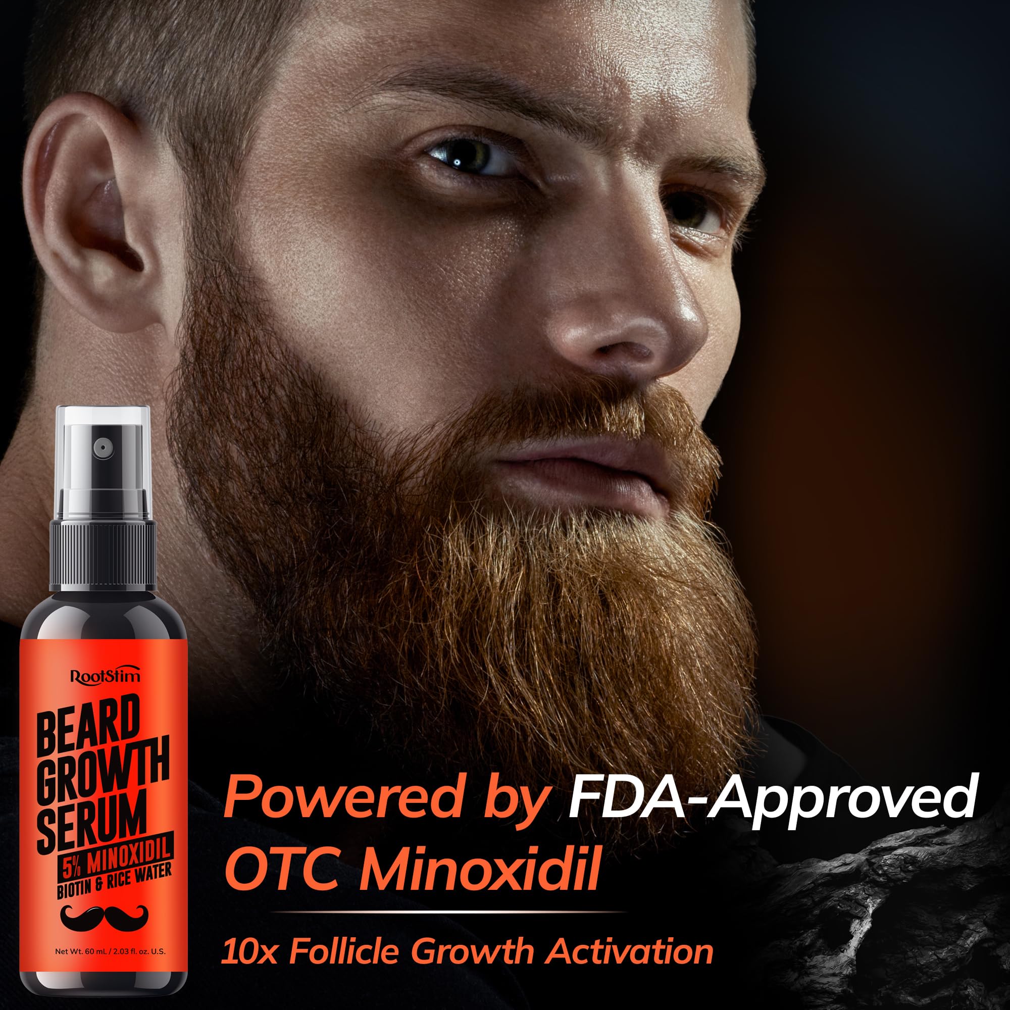 RootStim beard growth serum spray application for easy twice-daily use.