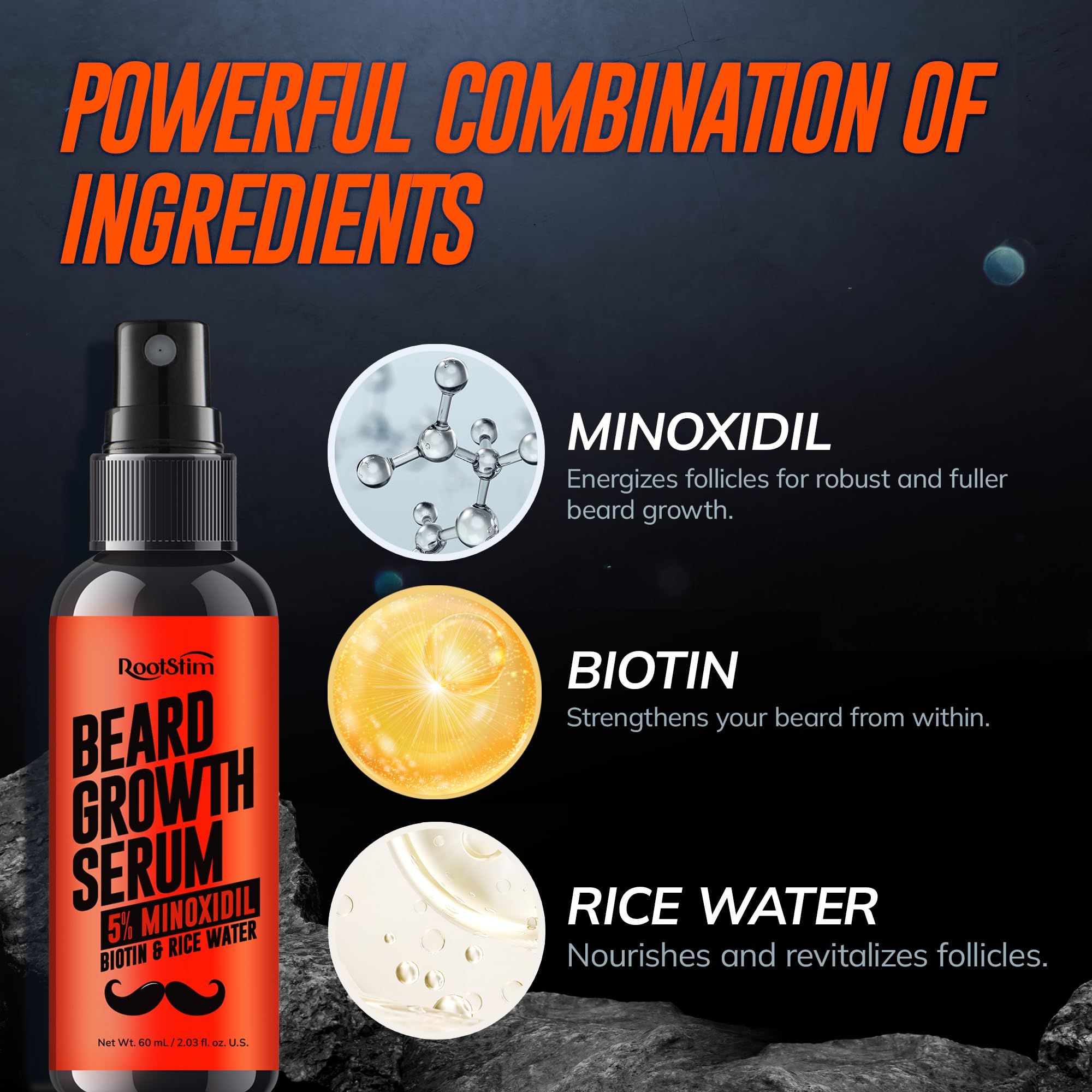 RootStim biotin rice-water beard glow enhances shine and vitality.