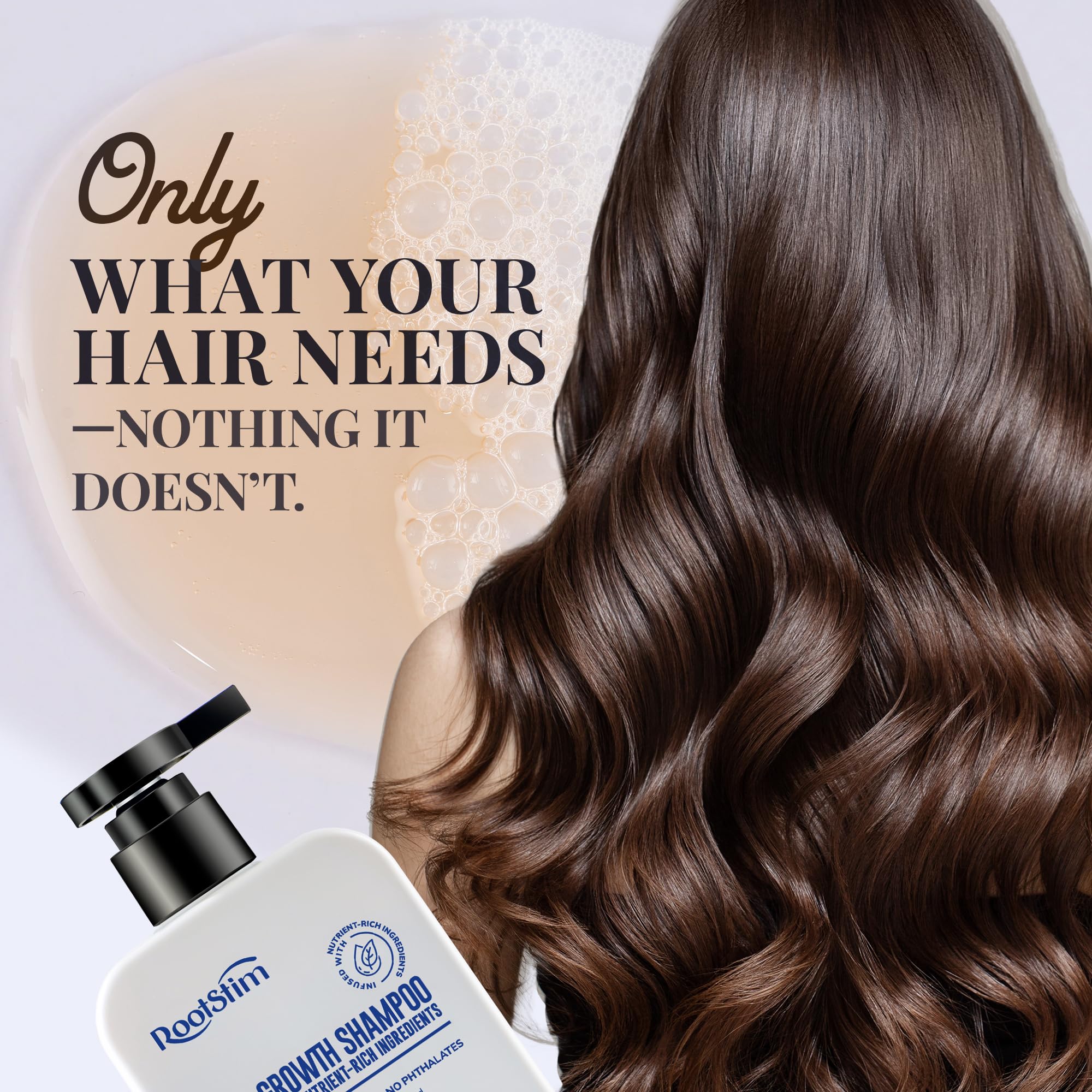 RootStim Biotin-Rosemary Shampoo bathroom shelf—sulfate-free, gentle care for daily use.