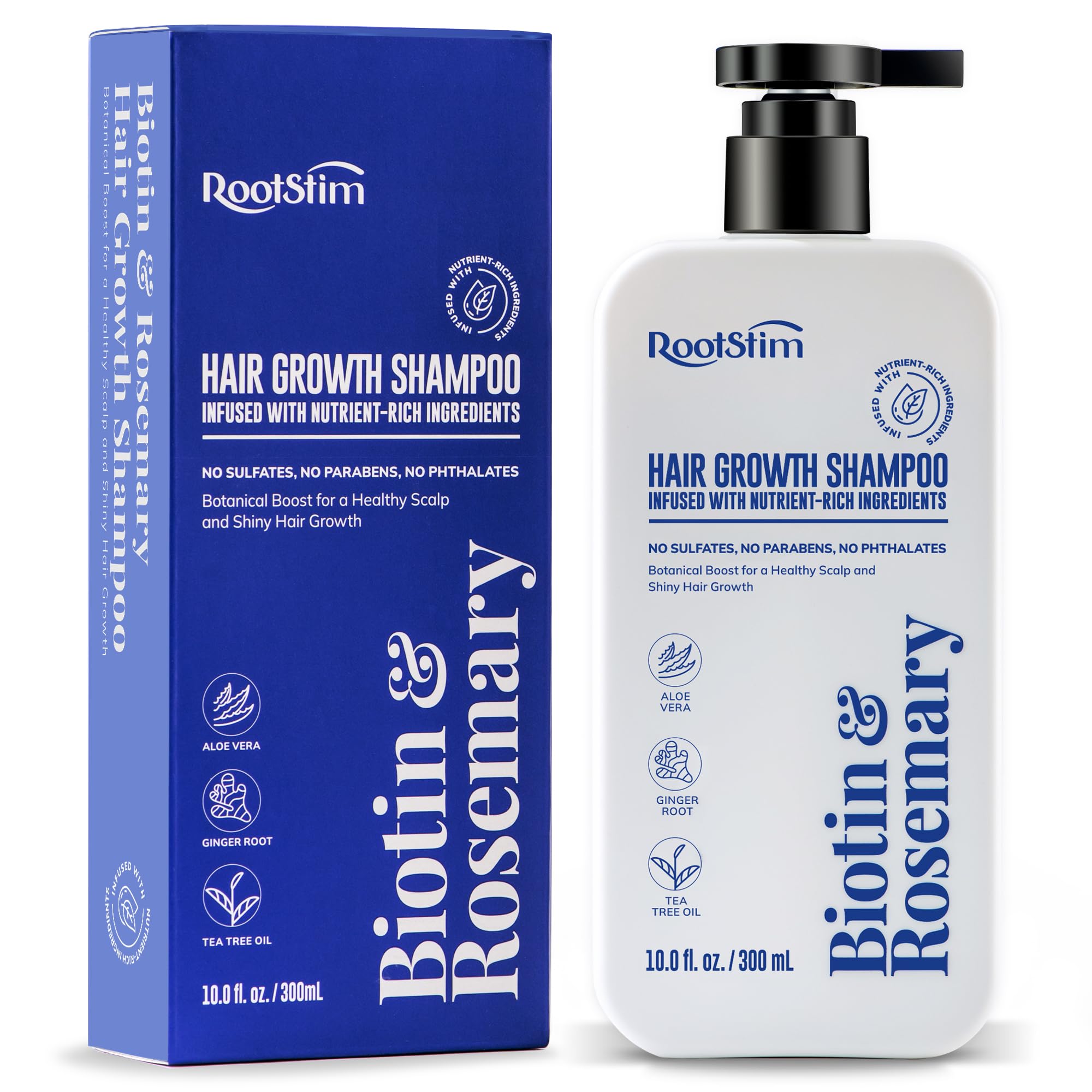 RootStim Biotin-Rosemary Shampoo bottle—nutrient-rich formula for stronger hair.