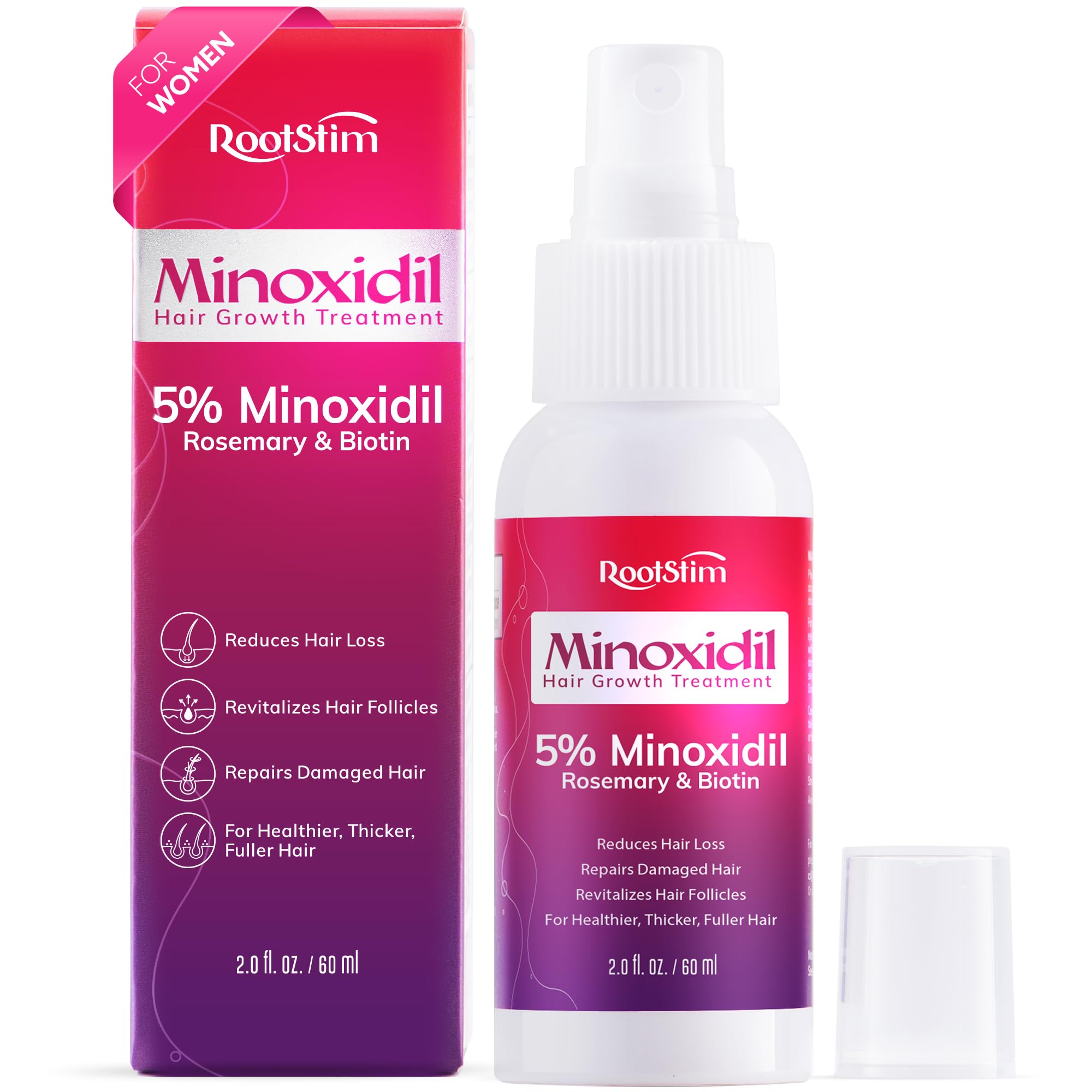 RootStim Extra Strength Minoxidil Spray bottle demonstrates precise application for thinning areas and fast absorption.