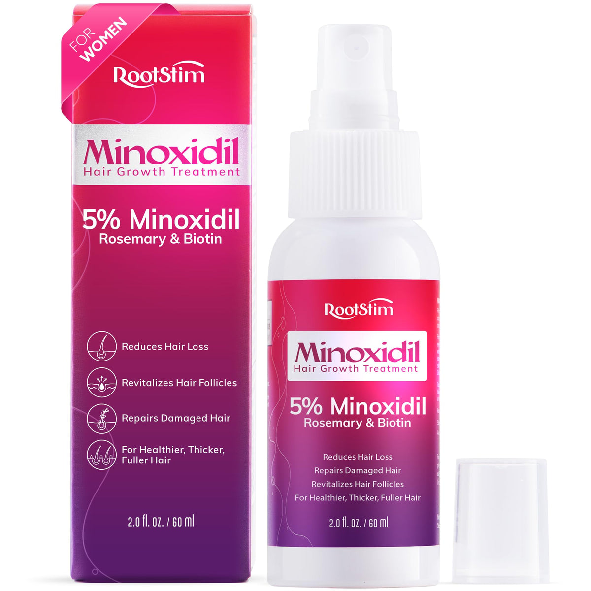 RootStim Extra Strength Minoxidil Spray bottle demonstrates precise application for thinning areas and fast absorption.